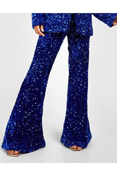 NO BRAND Pantaloni din catifea albastră, evazați, clasici, cu paiete, BOOHOO 40