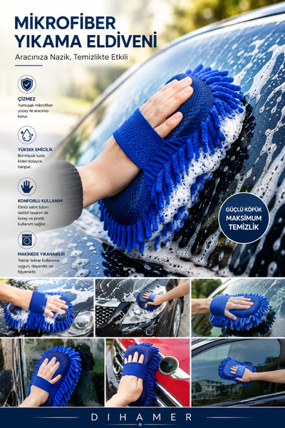 Dihamer Özel Tasarım Mikrofiber Oto Yıkama Eldiveni – Kalın Süngerli Araç Tem...