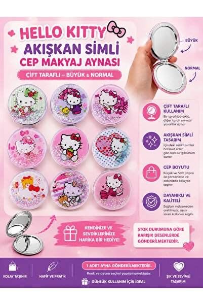 kruxon Hello Kitty Tasarımlı Akışkan Simli Çift Taraflı Yuvarlak Cep Makyaj A...