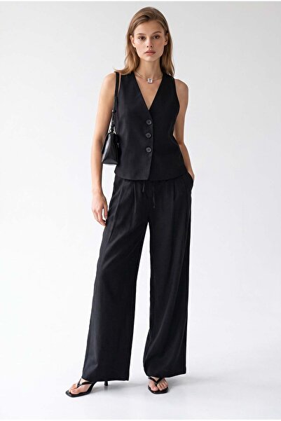 Mixray 2193 Women's Buttoned V-Neck Vest Wide Leg Pants Set Black