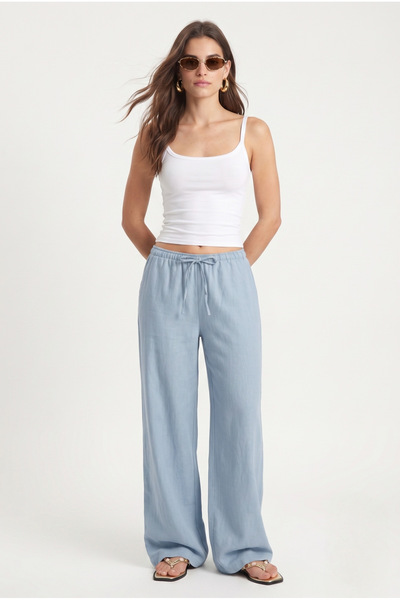 Ritnice Women's New George Linen Blend Loose Fit Woven Blue Trousers