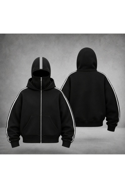 eyonnwear سويت شيرت بقلنسوة سميكة بسحّاب كامل للجنسين باللون الأسود Y2K بتصمي...