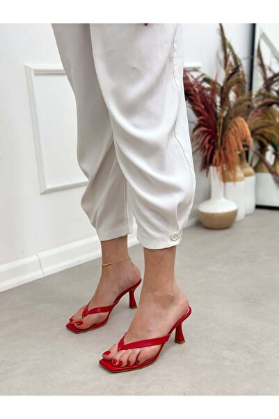 ERVANIN BUTİĞİ Red Skin (Jayla) Flip-Flop Heeled Slippers