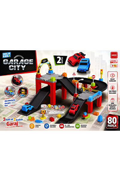 Majestia Garage City 2 Katlı Garaj Oyun Seti – 80 Parça Mini Bloklu Rampalı O...