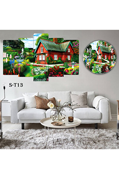 BellaaaModa Manzara Dekoratif Desenli Mdf Tablo 5 Parça Set ve Saatli Takım, ...
