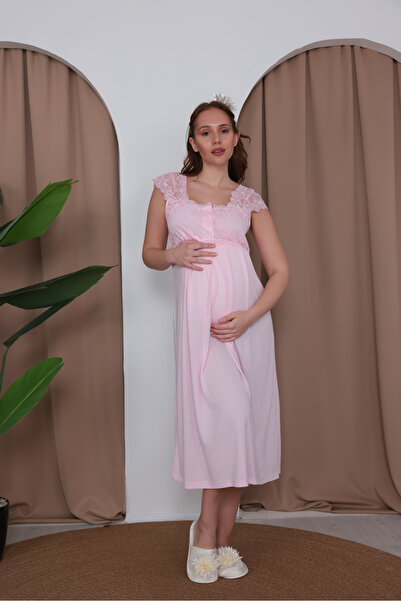 BLACKMORE Women's Powder-Colored Cotton Summer Maternity Nightgown with Lace ...