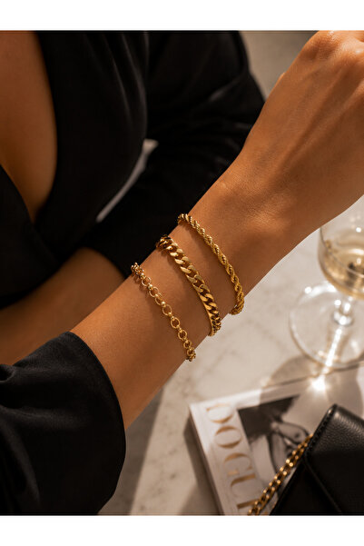 Adata Jewelry Çelik 3lü Kadın Kombin Bileklik Seti / Ezme Zincir / Burgu Zinc...