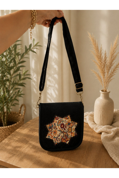 EdButikModa Etnik Desenli Yıldız Detaylı Kadife Omuz ve Çapraz Askılı Çanta –...