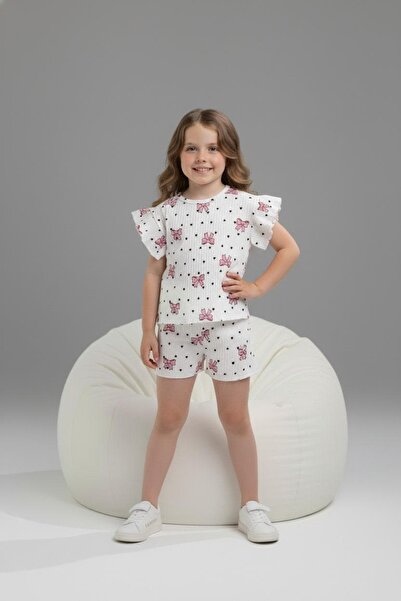 Generic Brand Ribbed Printed Girls' T-Shirt and Shorts Set - 6654