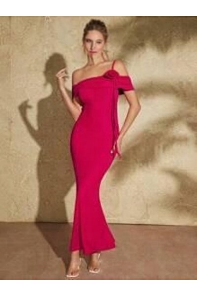 NO BRAND Rochie maxi roz, simplă, uni, cu flori, cu umerii goi, Shein 38