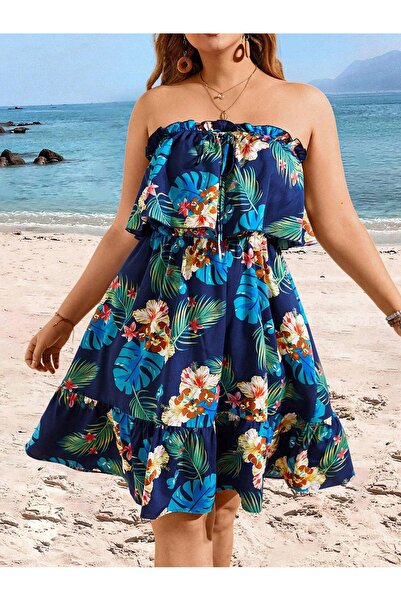 NO BRAND Rochie bleumarin cu imprimeu tropical, cu decupaje, fără umeri, Shei...