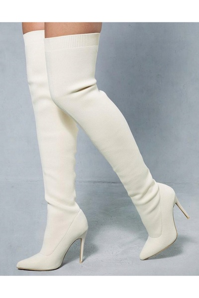 NO BRAND Cizme peste genunchi crem, toc stiletto, vârf ascuțit, clasice Missp...