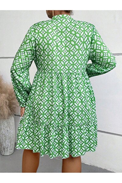 NO BRAND Rochie mini verde cu guler tip cravată, cu model alb, mânecă lungă, ...