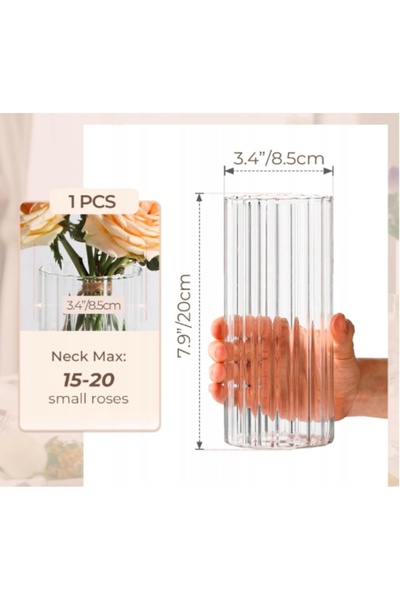 NO BRAND Vază de sticlă cilindrică canelată, 20 cm, transparentă, decorativă