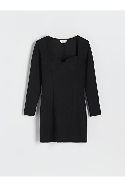 NO BRAND Rochie mini clasică, neagră, netedă, cambrată, cu mânecă lungă, mări...