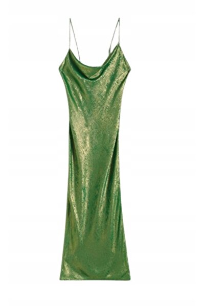 NO BRAND Rochie de cocktail verde sclipitoare, lungime midi, cu bretele, mări...