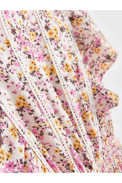 NO BRAND Rochie mini multicoloră, cu decolteu rotund, cu volane și imprimeu f...