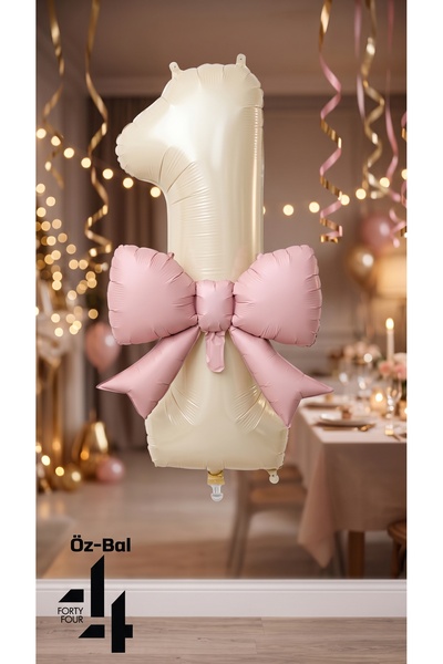 Öz-bal Pink Ribbon Cream 1 Number Foil Balloon Coquette Girl Child 1 Year Old...