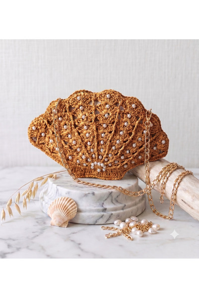 Verda Desing Hand Knitted Pearl Mussel Straw Bag - Straw Oyster Model Women's...