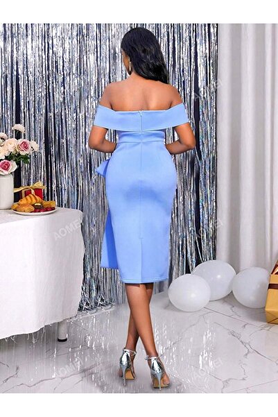 NO BRAND Rochie creion albastră, cu umerii goi, netedă, clasică, aomei s