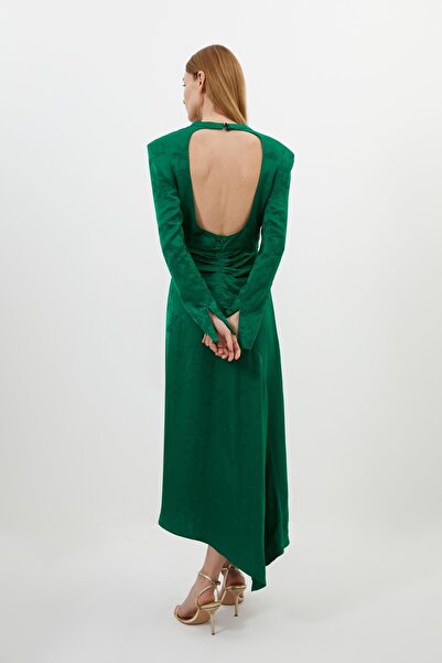 NO BRAND Rochie asimetrică verde cu mâneci lungi și model în relief Karen Mil...