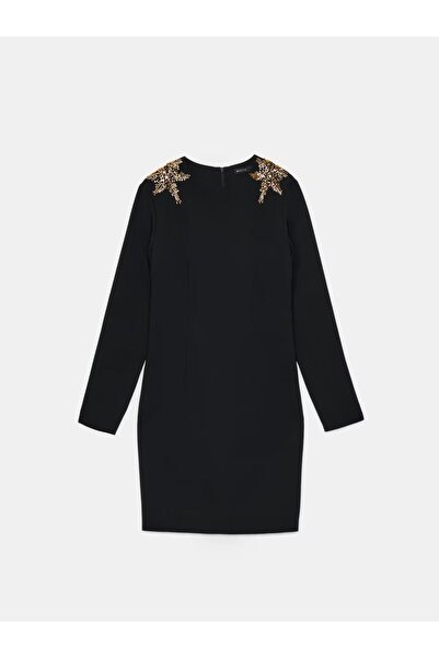 NO BRAND Rochie mini neagră simplă cu aplicație, mânecă lungă, decolteu rotun...
