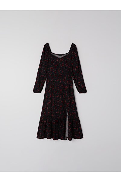NO BRAND Rochie neagră Mii cu imperfecțiuni, mâneci lungi, model roșu, cu șli...
