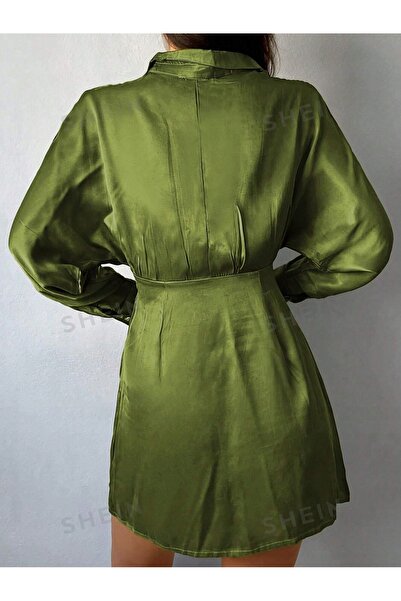 NO BRAND Rochie mini elegantă din satin verde, cu guler și nasturi, Shein 40