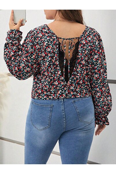 NO BRAND Tricou negru clasic, lejer, cu decolteu în V, cu model floral colora...