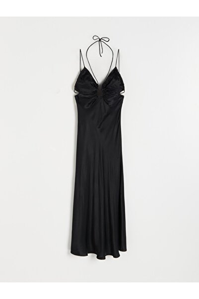 NO BRAND Rochie clasică neagră din satin de viscoză, cu decolteu adânc, mărim...