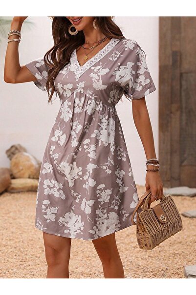 NO BRAND Rochie albă cu mânecă scurtă, cu broderie cu model vegetal, decolteu...