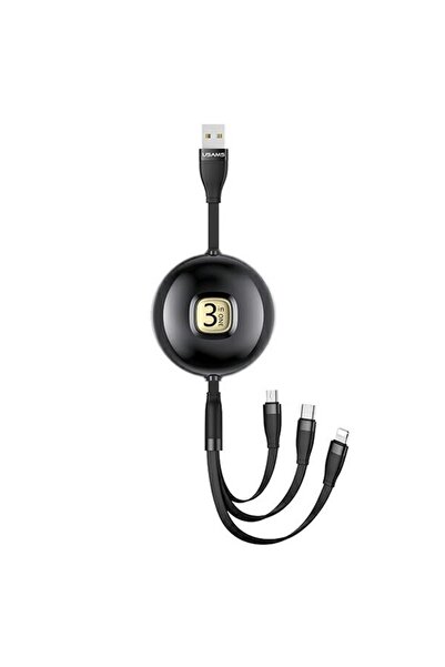 Usams U69 Cablu retractabil 3-în-1 USB-A la Lightning/MicroUSB/USB-C, 1,2m, N...