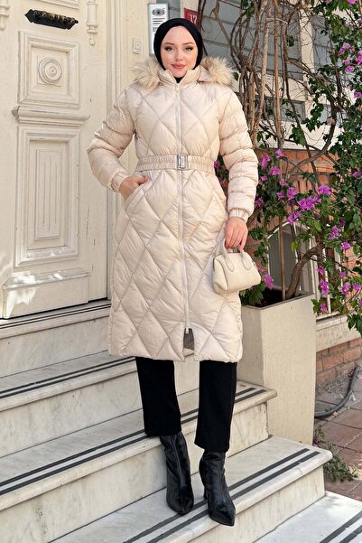 Modamihram Loren Belted Hooded Quilted Coat Beige 6159