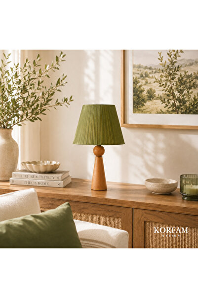 KorFam Yeşil Keten Kumaş Başlıklı Ahşap Abajur