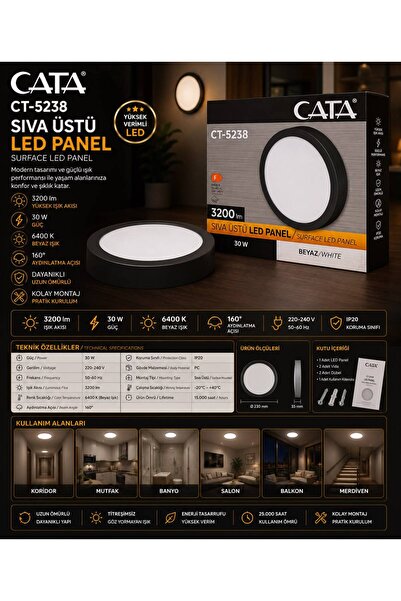 Cata CT-5238 SIVA ÜSTÜ LED PANEL SİYAH KASA (BEYAZ IŞIK)