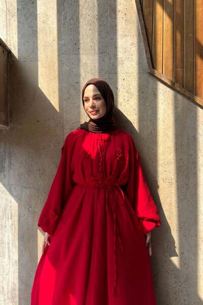 Faya Boutique Kırmızı Çiçekli Dalis Balon Kol Müslin Elbise