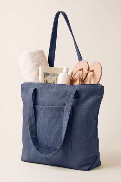 Cortibo Datça Linen Shoulder Bag with Zipper - Navy Blue