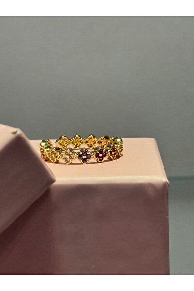TAKI SANAT Kadın gold kaplama renkli zirkon taşlı tamtur yonca yüzük