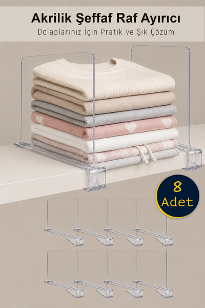 8 Adet Çok Amaçlı Şeffaf Akrilik Dolap Raf Ayırıcı | Çanta Raf Düzenleyici Set |20x30 cm