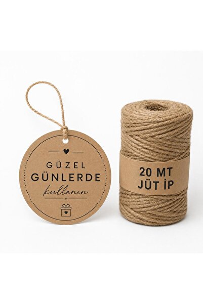 naturevo 100 Adet 5 cm Delikli Kraft Etiket + 20 MT Jüt İp | Kalın Kraft Kağı...