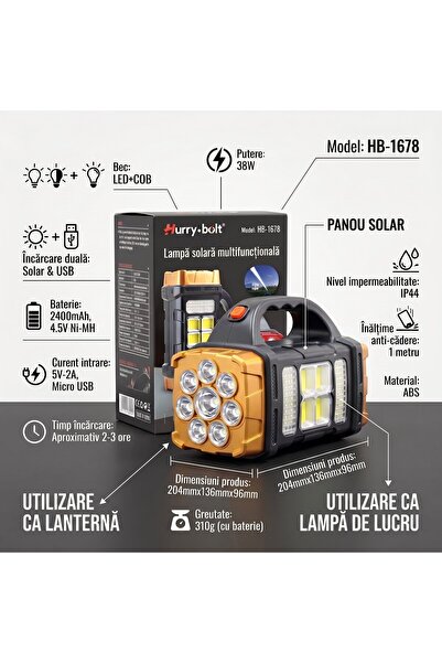 hurry bolt Lanternă Solară Multifuncțională Hurry.bolt HB-1678, 38W, LED + CO...