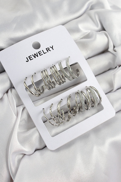 Mega Bazaar Brass Mixed Ring Model Silver Color 6 Pairs Women's Earrings Set