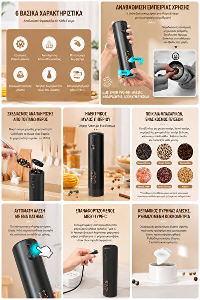 Herbstore.gr Ηλεκτρικός Επαναφορτιζόμενος Μύλος Αλατιού - Πιπεριού