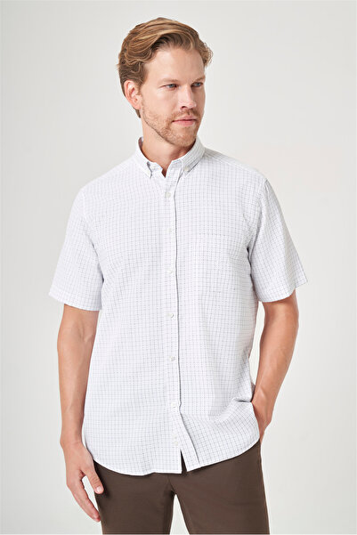 İmza White-Navy Blue Buttoned Collar Short Sleeve Pocketed Comfort Fit Cotton...
