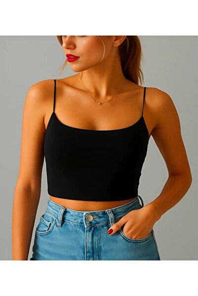 Kadın İnce Siyah Crop Bluz
