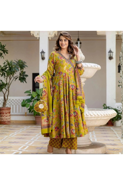 MYSMAR Green Viscose Cotton Salwar Kameez & Dupatta - ALV2092-Green-Size-M-38...