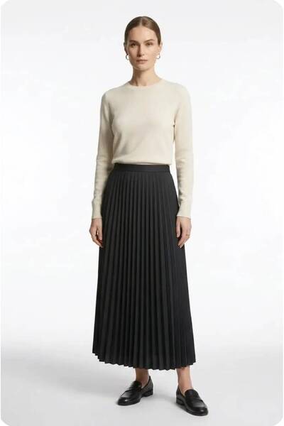 NECO GİYİM Women's Pleated Satin Skirt with Elastic Waist Black