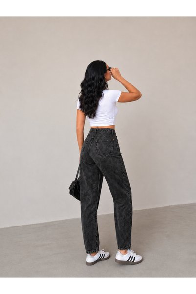 SHEVEGA Mamaliga Kadın Kahverengi Taş Detaylı Boyfriend Mom Jeans Kot Pantolon