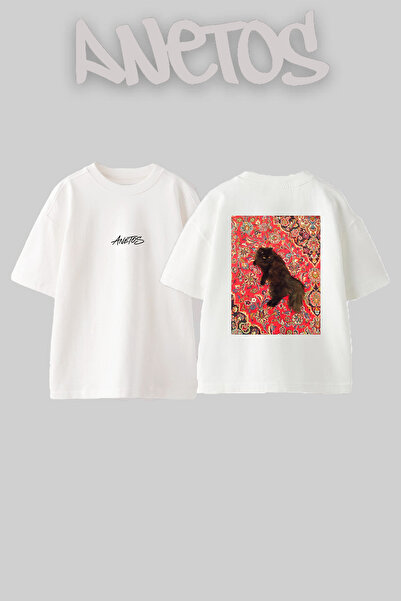 Anetos Iranian Cat Hali Design Back Printed Cotton White Oversize T-Shirt