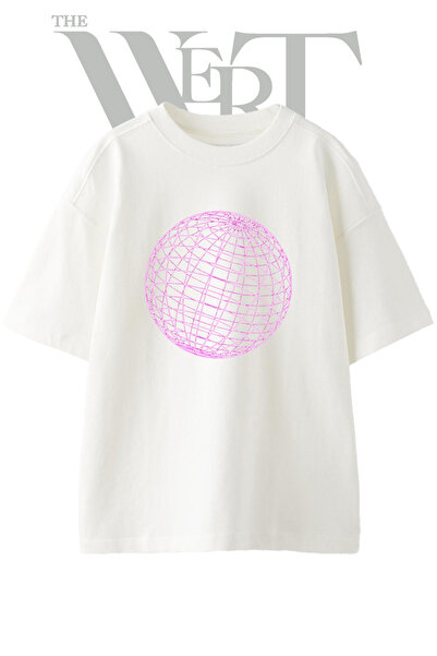 THEWERT Μπλουζάκι Unisex Λευκό Oversize με Τυπωμένο Σχέδιο Σφαίρας Wireframe